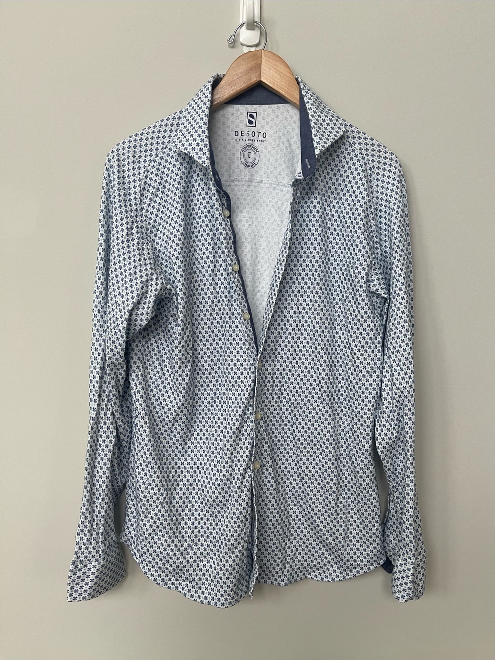 Desoto | Men’s Button Down Collared Shirt Blue Cotton Jersey Size Large